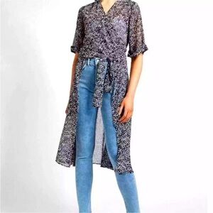 New Express Printed Blue Wrap Front Kimono Cover-up Sz Small/medium Chiffon